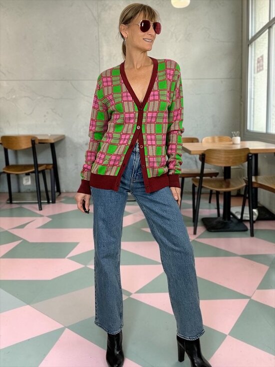 MOLLY GODDARD Sweaters - Molly Goddard Emma Cardigan Sweater M Pink Green Tartan Plaid Combed Cotton
